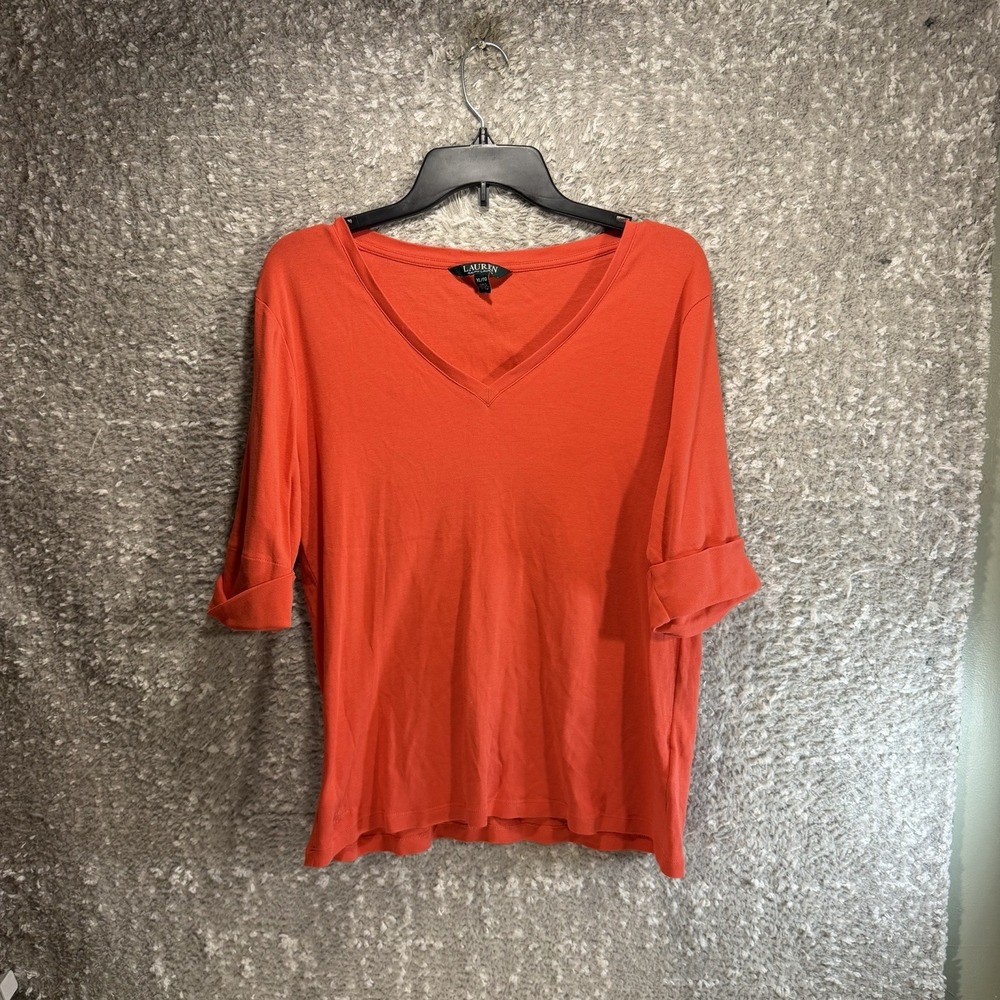 Lauren Ralph Lauren Top Coral V-Neck Cuffed Half Sleeve Blouse XL Preppy